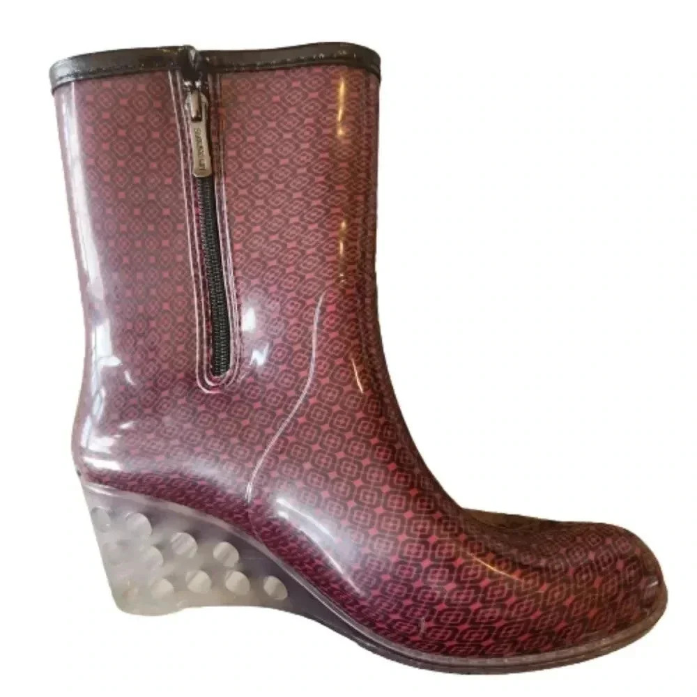 NWOT SANMM purple and black rain boots with a clear punchout heel Size 40